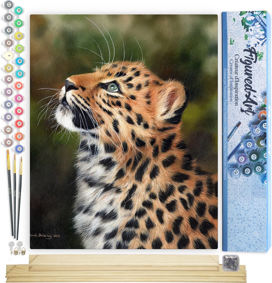 FiguredArt Schilderen op Nummer Volwassenen canvas Nieuwsgierige luipaard - Handwerk acrylverf Kit DIY Compleet - 40x50cm met DIY houten lijst